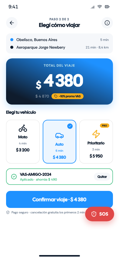 Mockup de la app VAS para elegir destino y vehículo